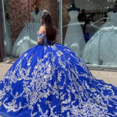 Royal Blue Ball Gown Off-Shoulder Lace Applique Beaded Tulle Quinceanera Dress for Prom Sweet 16 & Formal Events